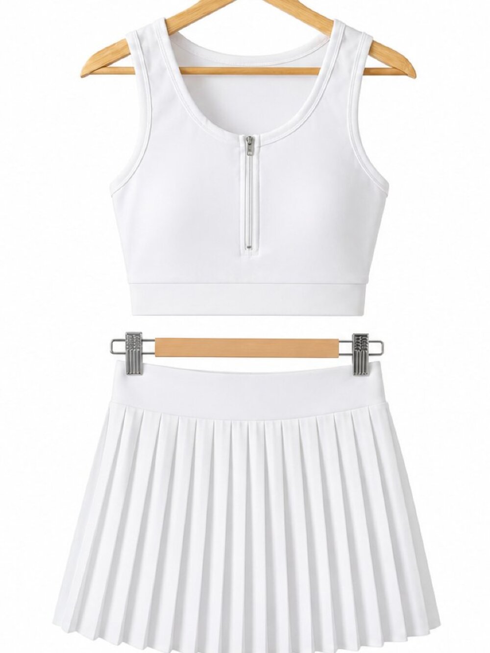 White Tennis Skirt Set – Zip Front Crop Top & Pleated Skirt Outfit